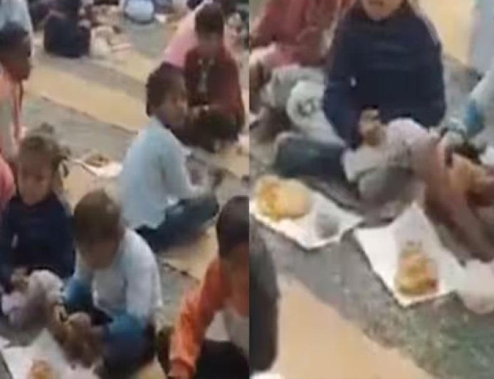ठंड में बच्चों को नीचे बिठाया, रद्दी वाले कागज पर परोसा हलवा-पूड़ी; सिस्टम की खुली पोल