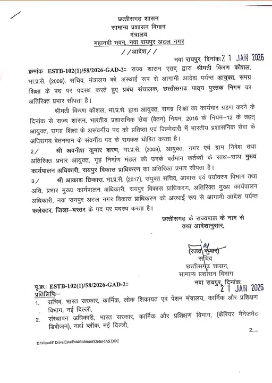 छत्तीसगढ़ सरकार ने प्रशासनिक स्तर पर बड़ा फेरबदल करते हुए 3 आईएएस अधिकारियों का तबादला किया